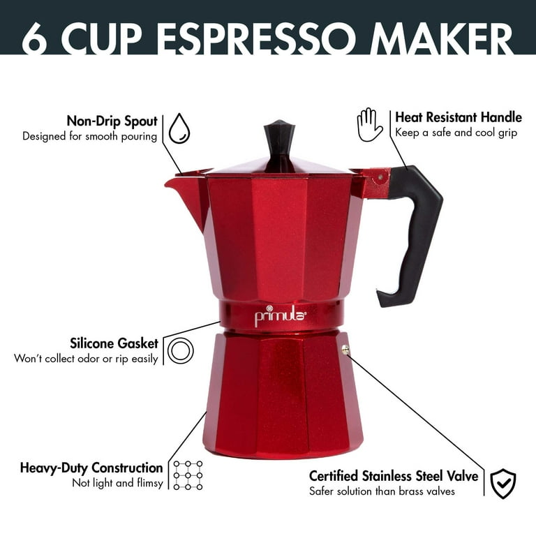 Primula 6 Cup Red Espresso Maker, Classic Italian Coffee