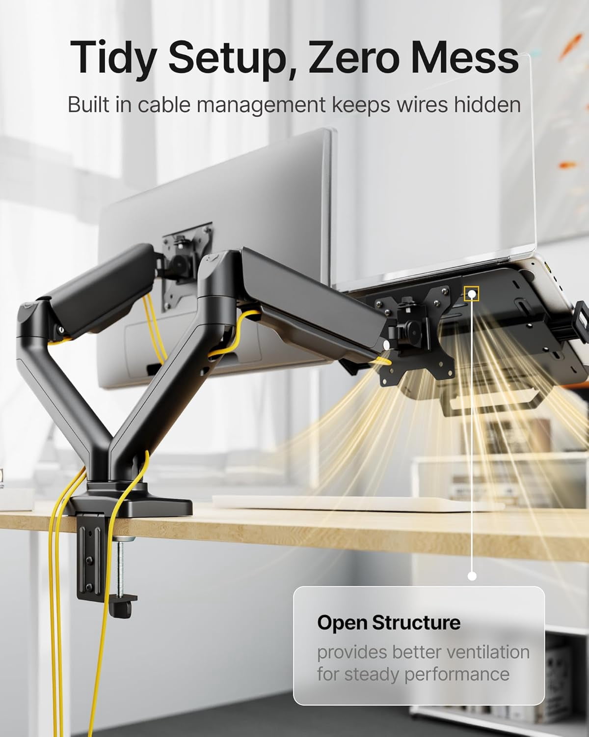 monTEK Monitor and Laptop Mount for 17"-32" Screens & 12"-18" Laptops, Dual Monitor Arm with Adjustable Laptop Tray, Full Motion Desk Mount with Clamp/Grommet Base, VESA 75x75/100x100, Black