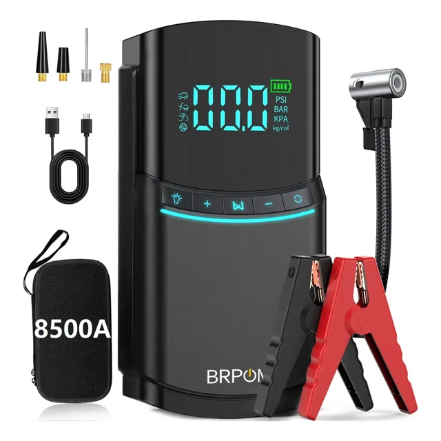 Arrancador De Batería De Auto Portátil Brpom De 8500a 28800mah Con Inflador 150psi Para Auto Y Motos 3 Modos De Luz Led Duales Type-c Cargar Móviles Y Tablets Color Negro