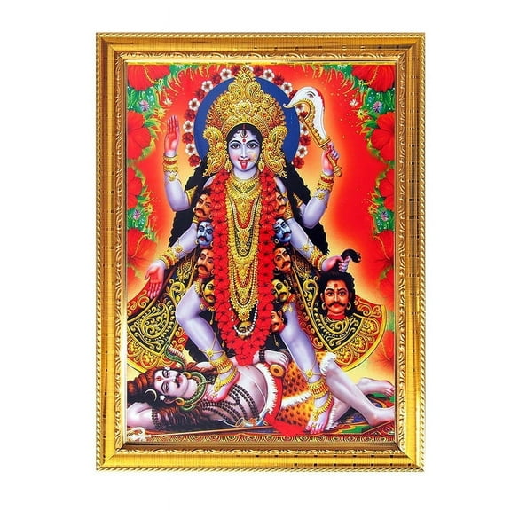 Maa Kali Hindu Goddess Photos Golden Wooden Frame Religious Rituals, Personal Devotions 11.8 X 15.7