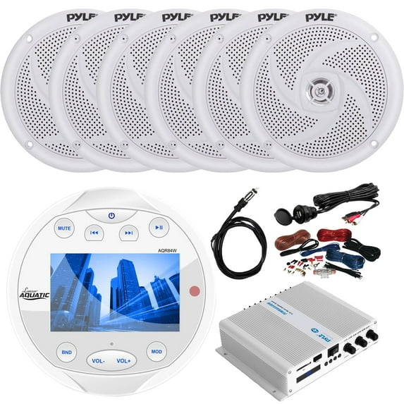 Lanzar Waterproof Bluetooth Marine Digital Media White Stereo Receiver, 6 x 4'' 100W 2-Way Audio Speakers, Pyle 6-Channel 600W Amplifier w/ Wiring Kit, Radio Antenna, AUX Interface