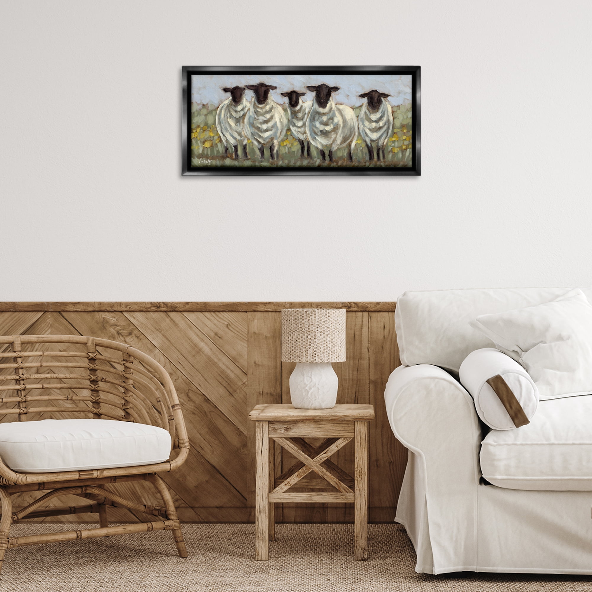 Stupell Industries Gazing Sheep Impression Animals Painting Black Floater Framed Canvas Art Print Wall Art, 25 x 11