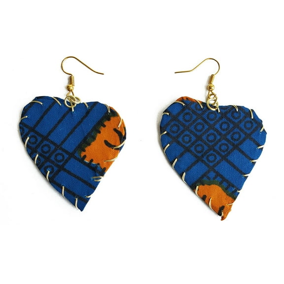 Dupsie's Blue Heart-shaped fishhook Earrings wrapped in African Print Fabric