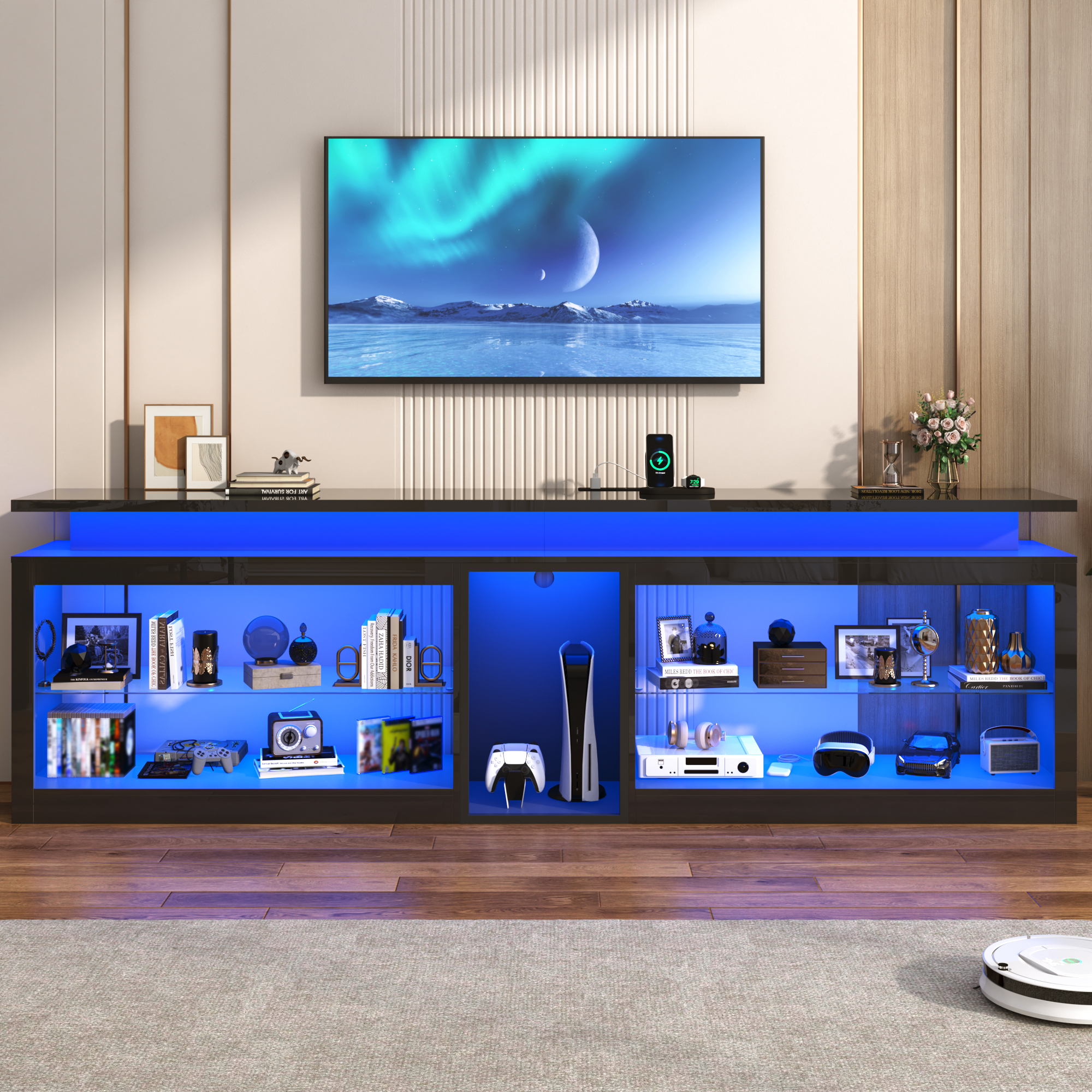 Chvans Modern LED TV Stand for TVs up to 115", High Gloss Black photo 3