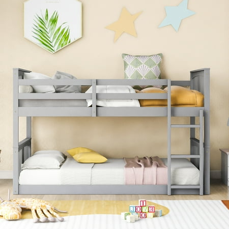 Bunk Bed Twin over Twin  SYNGAR Solid Wood Twin Bunk Bed Frame with Safety Guardrail and Ladder  Bunk Bed for Kids/Teens/Adults  Space Saving Bedroom Furniture  No Box Spring Needed  Gray  D3272