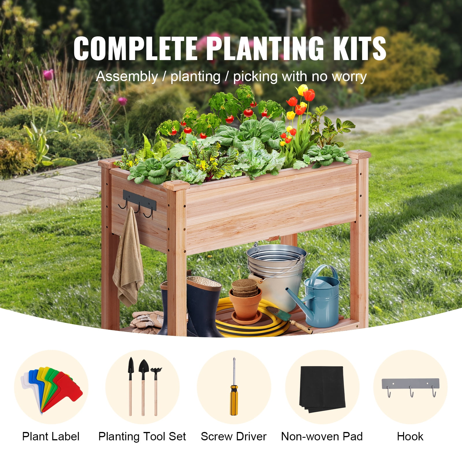 KFFKFF Elevated Garden Bed, Dimensions 34 x 18 x 30 inches, Wooden Planting Container, Outdoor Planters with Supportive Legs, Ideal for Cultivating Flowers, Vegetables, Herbs in Yard, Garden, Patio
