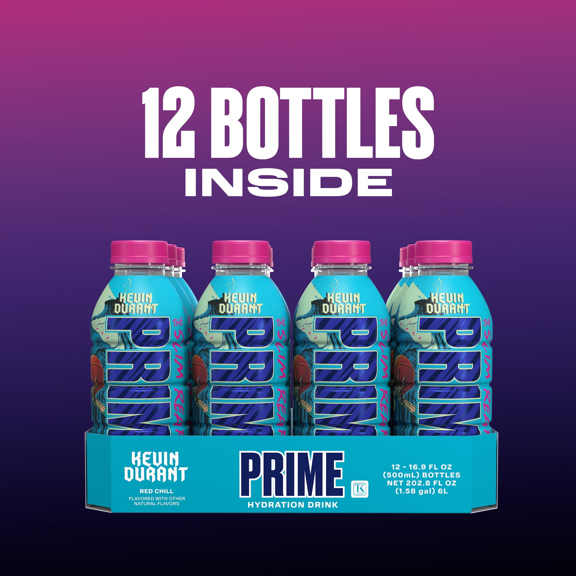 Prime Hydration Sports Drink, Kevin Durant, 16.9 fl oz, 12 Pack, Bottles