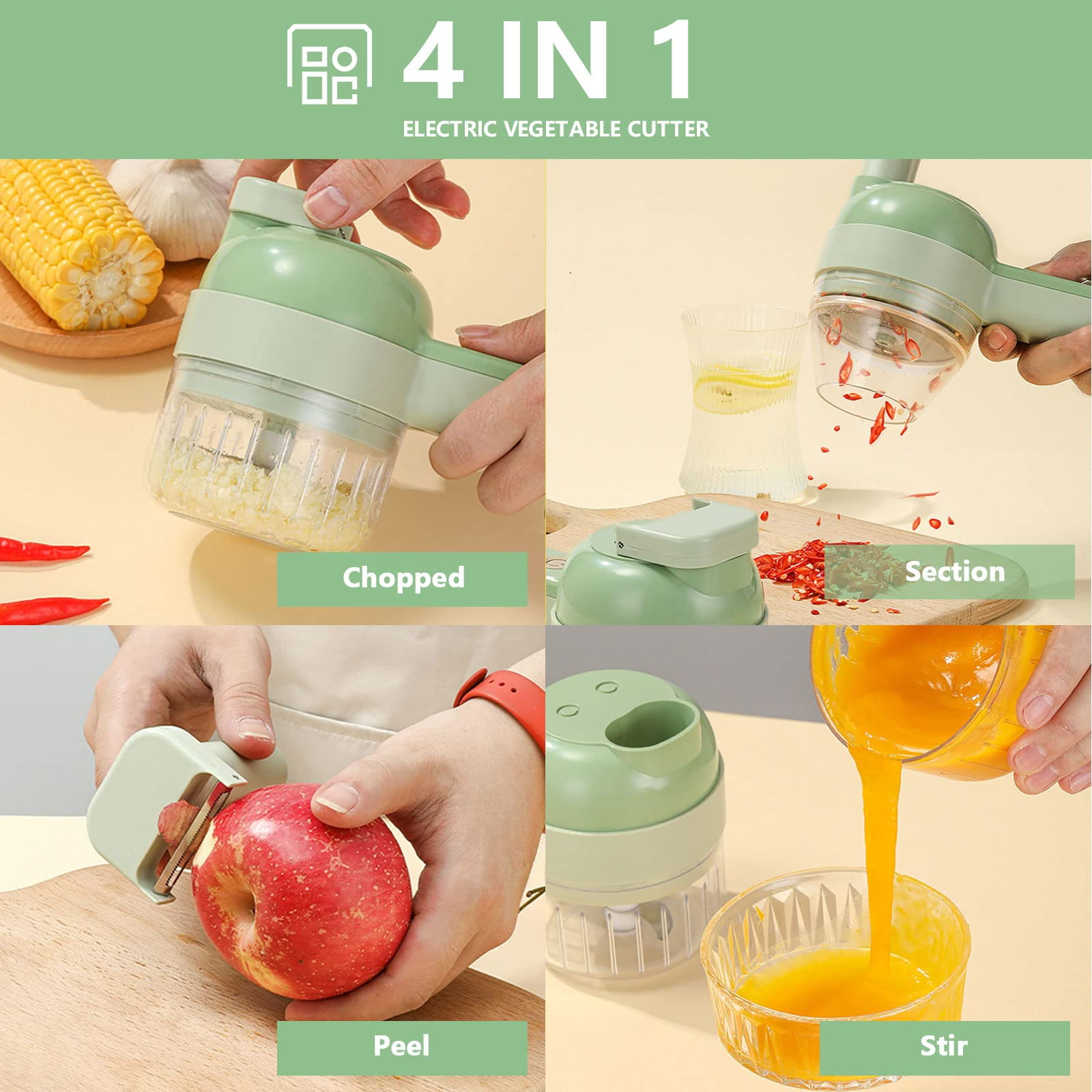 4 in 1 Handheld Electric Vegetable Cutter Set, Electric Vegetable Cutter,  Multifunctional Wireless Electric Grinder For Garlic Pepper Chili Onion  Celery - Walmart.com