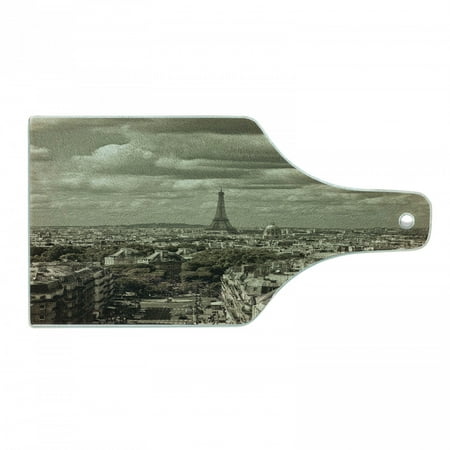 

Paris Cutting Board City Skyline of Eiffel and Dark Cloudy Weather Capital France Region Historical Retro Decorative Tempered Glass Cutting and Serving Board Wine Bottle Shape Beige by Ambesonne