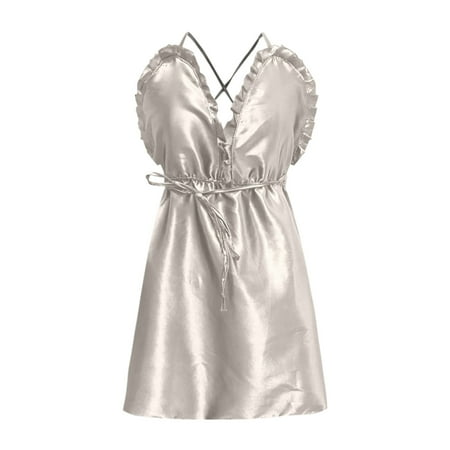 

Gyedtr Woman Clothes Ladies Fashion Solid Color Erotic Ruffle Sexy Deep V Satin Sexy Camisole Nightdress