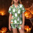 thumbnail image 2 of KPOPLK Silk PJs Kids Girls Satin Pajama Set Halloween Pumpkin Print Short Sleeve Button Shirts and Shorts 2 Piece Sleepwear,Size 8-9 Years, 2 of 5