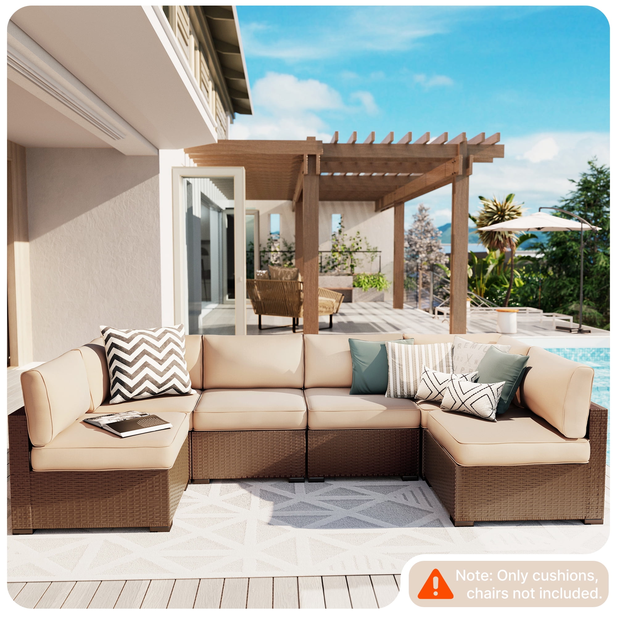 SUNCOZE 14-Piece Outdoor Patio Cushions Set for 6-Seat Sectional Sofa, 25.6" x 25.6" Replacement Couch Cushions, 4-Inch Thick Anti-Slip Garden Furniture Cushions, Khaki