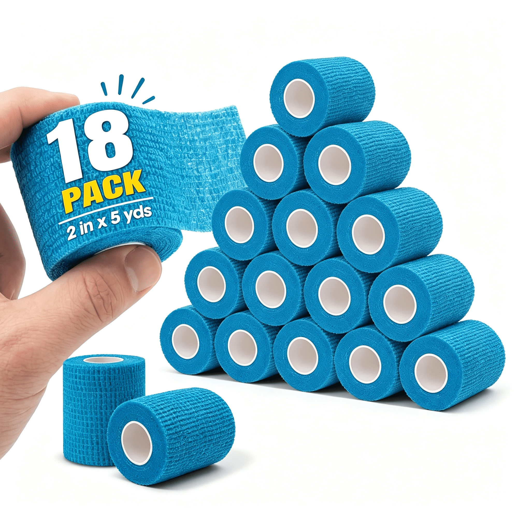 OITY Adhesive Bandage Wrap,Sports Wraps Self-Adhering,18 Pack Blue 2"| Self Stick Bandage Wrap,Soft Support for First Aid Tape,Self Adhering Elastic Bandages for Baseball,Workout,Sports,Wrist