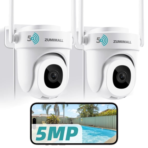 ZUMIMALL 5MP Wired Security Camera, 24/7 Recording, WiFi, 360° Auto Tracking, White, 2 Count