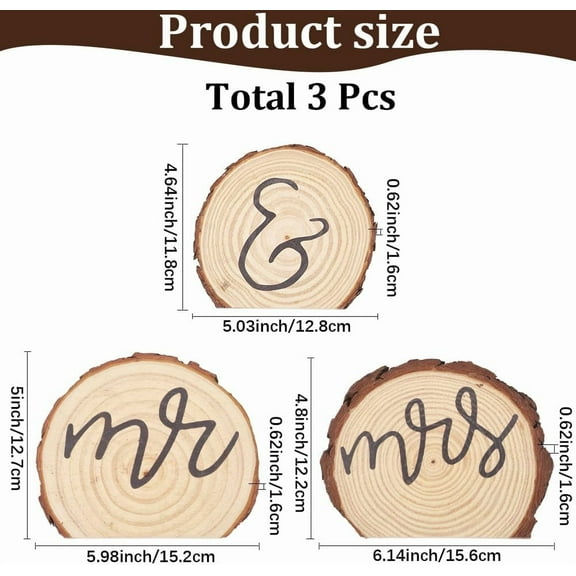 3Pcs 3 Styles Mr Mrs Wooden Sign Unfinished Wood Slice Head Table Rustic Vintage Handwriting Letter Bride Groom Decorations for Wedding Table Ceremony Anniversary Party Valentines
