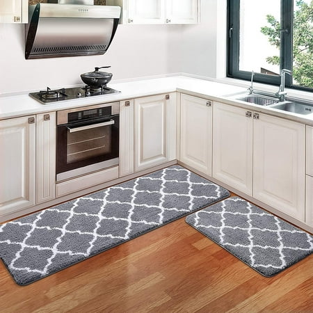 Microfiber Kitchen Rugs and Mats Moroccan Trellis Kitchen Mats Grey Kitchen Rugs Set of 2 Non-Slip Washable Soft Super Absorbent Kitchen Mats for Floor Kitchen Sink Home 17"x 47"+17"x 24" Grey
