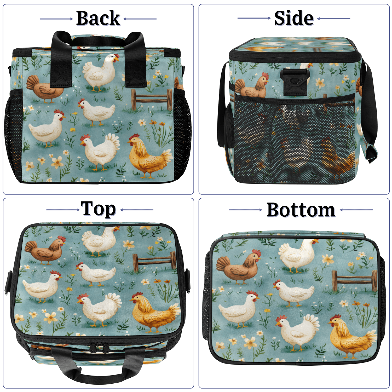 Herdesigns Chicken Large Insulated Lunch Box for Adults Women Men with Adjustable Shoulder Strap, Animal Reusable Cooler Lunch Bag for Offices Picnic Hiking Beach