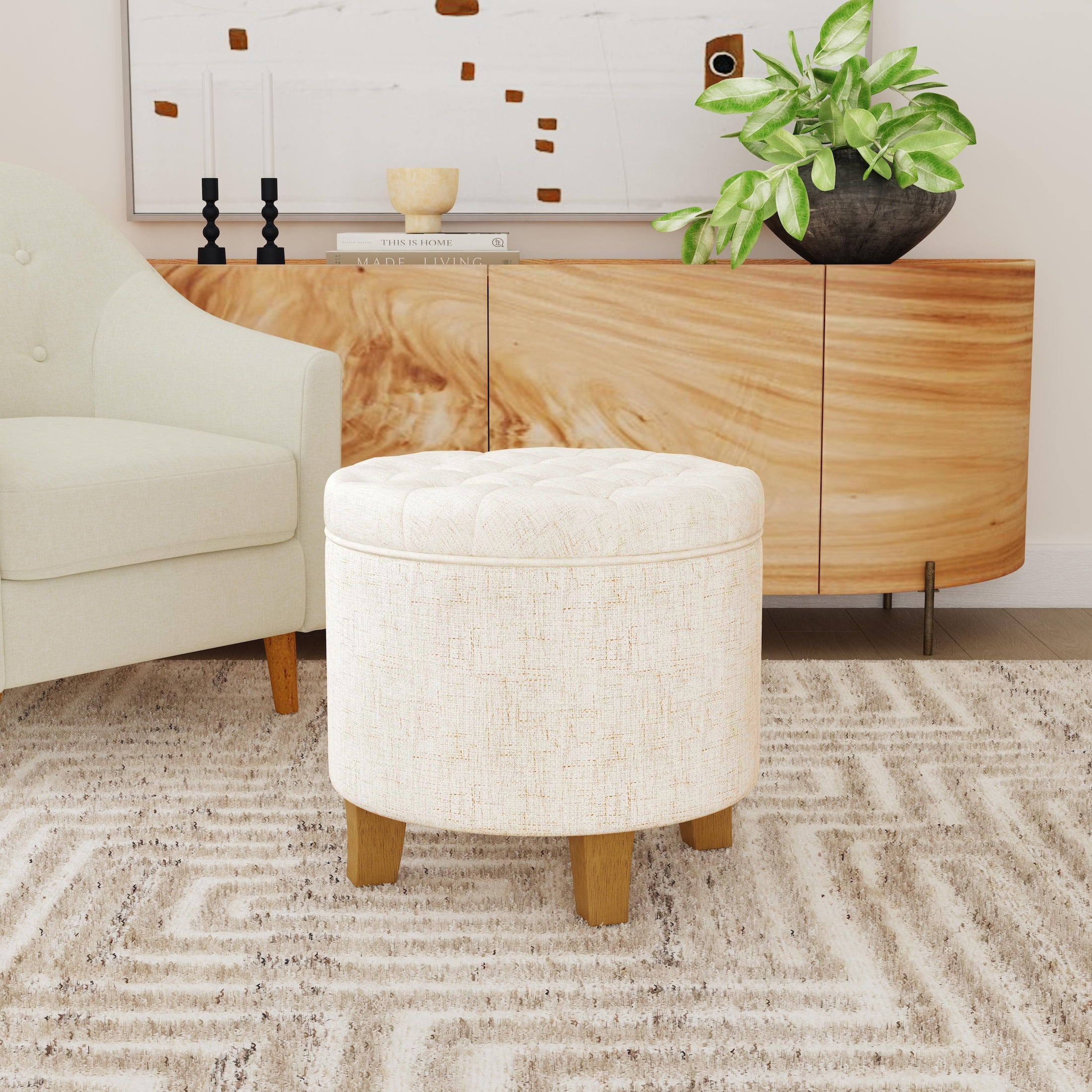 HomePop Small Round Button Tufted Storage Ottoman, Cream