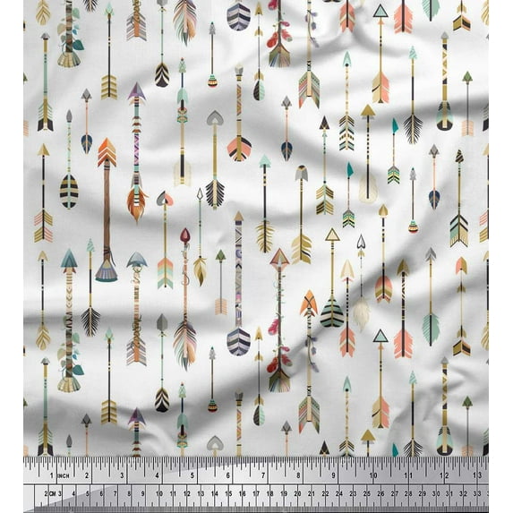 Soimoi White polyester Crepe Fabric Arrow Tribal Printed Fabric 1 Yard 42 Inch Wide