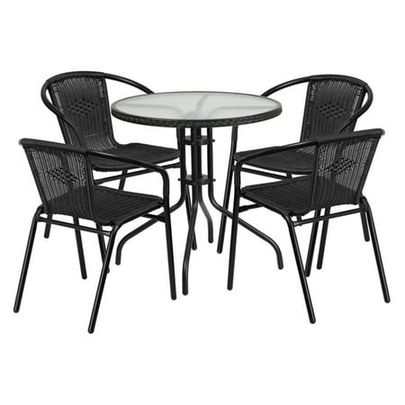 Flash Furniture 28'' Round Glass Metal Table with Rattan Edging and 4 Black Rattan Stack Chairs, Multiple Colors