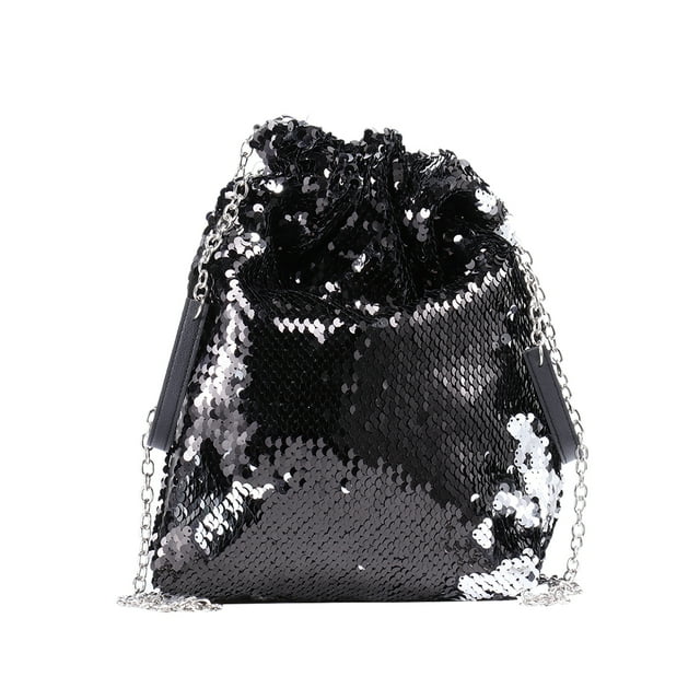 EeaseMX Bolso bandolera con lentejuelas y cordón para mujer, bolso bandolera con cadena, bolso bandolera de un solo hombro, color negro
