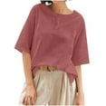 thumbnail image 2 of Horkkom Linen Tops for Women Summer Crew Neck Short Sleeve Shirts Solid Color Lightweight Casual Tops Loose Button Tunic Tops Red M, 2 of 9
