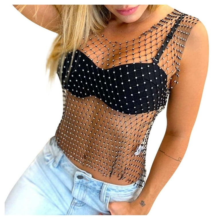 ◆utan◆ YOUSNH Women's Sexy Rhinestone Mesh Tank Tops See Through