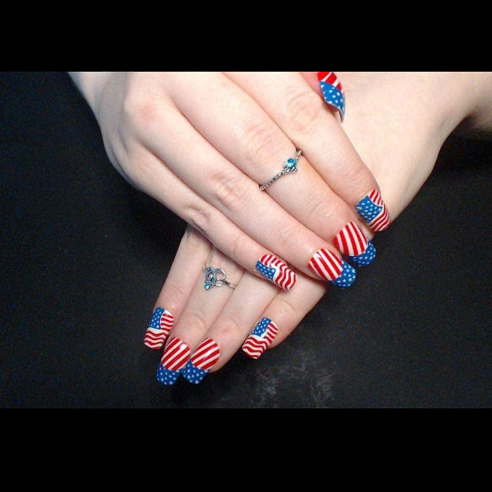American Flag False Nails,Faux Ongles Fake Nails,Full Cover Nail Art Nail  Tips Manicure,4th July Independence Day Artificial Nails with Adhesive Tab  