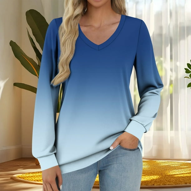 Heisall Womens Tops V-Neck Long Sleeve Loose Casual T-Shirts Gradient Color Fashion Blouse