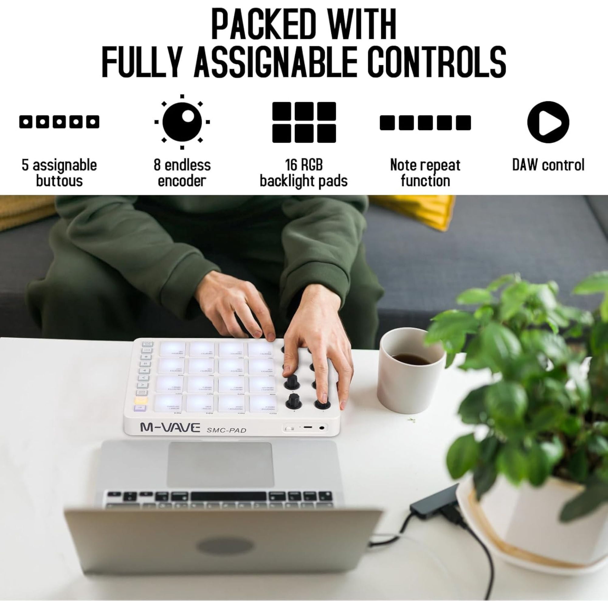 M-Wave Midi Controller – Bluetooth USB Pad – 16 Drum Pads, 8 Knobs