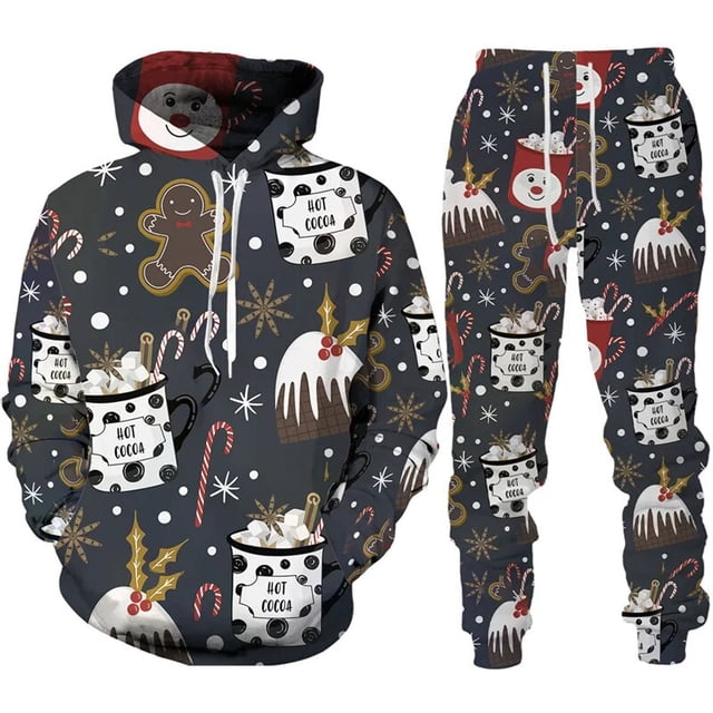 Conjunto de chándal de 2 piezas para hombre y mujer, ropa de Año Nuevo con estampado 3D de Navidad, sudaderas con capucha y pantalones, traje de fiesta de navidad