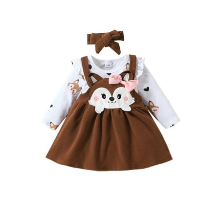 

Grianlook Girls Casual Swing Spring Autumn Outfits Suspender Cartoon Print Dresses Set Holiday Crew Neck 3Pcs Outfit Suit Brown 6-9M
