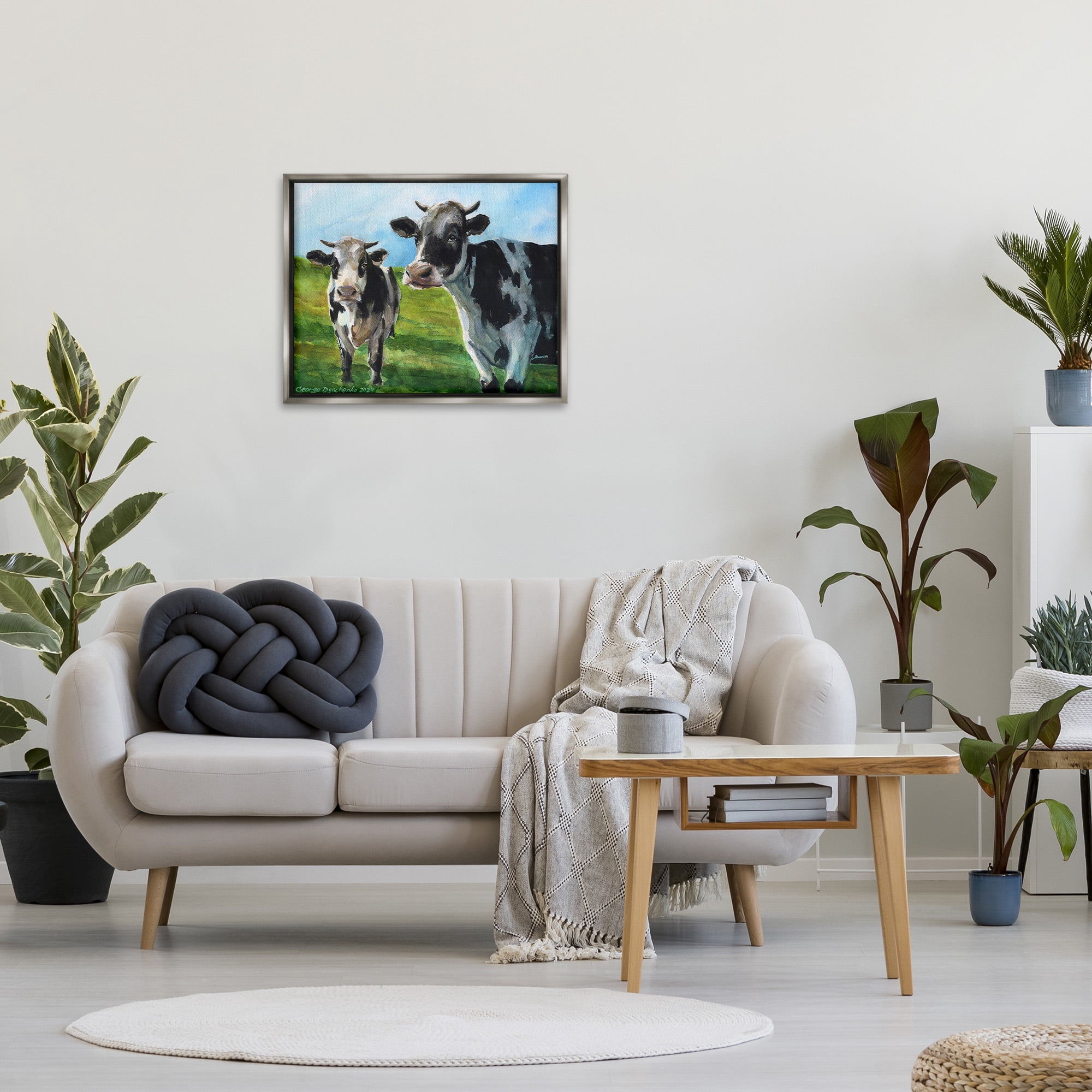 Stupell Industries Cows in Pasture Landscape Animals & Insects Painting Gray Floater Framed Canvas Art Print Wall Art, 31 x 25