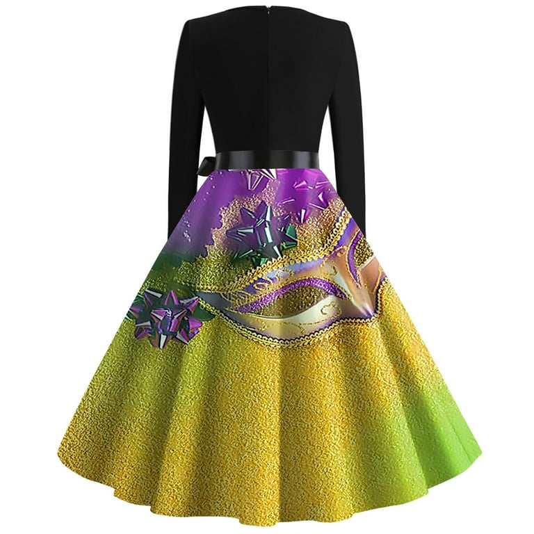 purple mardi gras dress Jjayotai Women's Mardi Gras Costume Dress, Masquerade Mask Trumpet Print Dresses, Carnival Purple Gold Dress Multicolor XL