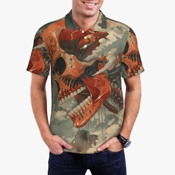 Fotbe Gigantic Skull In Clouds Camiseta Polo de Golf para Hombre con Estampado – Camisa Deportiva Transpirable con Cuello Abotonado-4X-Large