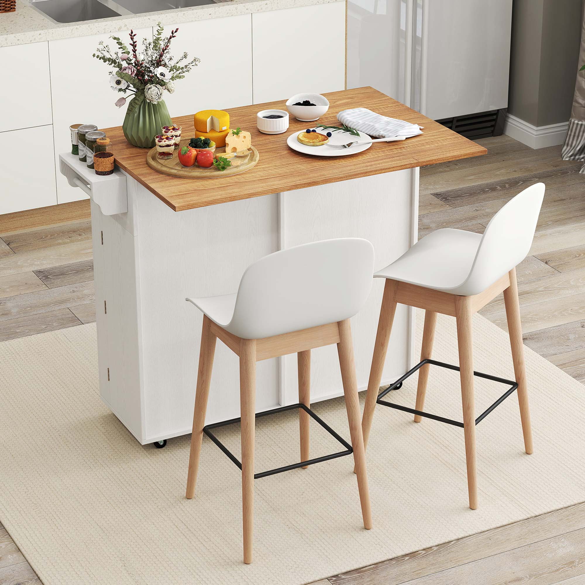 Costway Rolling Kitchen Island Kitchen Island Cart with Drop Leaf Trash Can Cabinet White