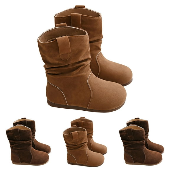 Dakaela Toddler Girls Mid Calf Boots Baby Suede Flat Slouchy Riding Booties Round Toe Kids Winter Casual Outdoor Shoes Brown Size 9