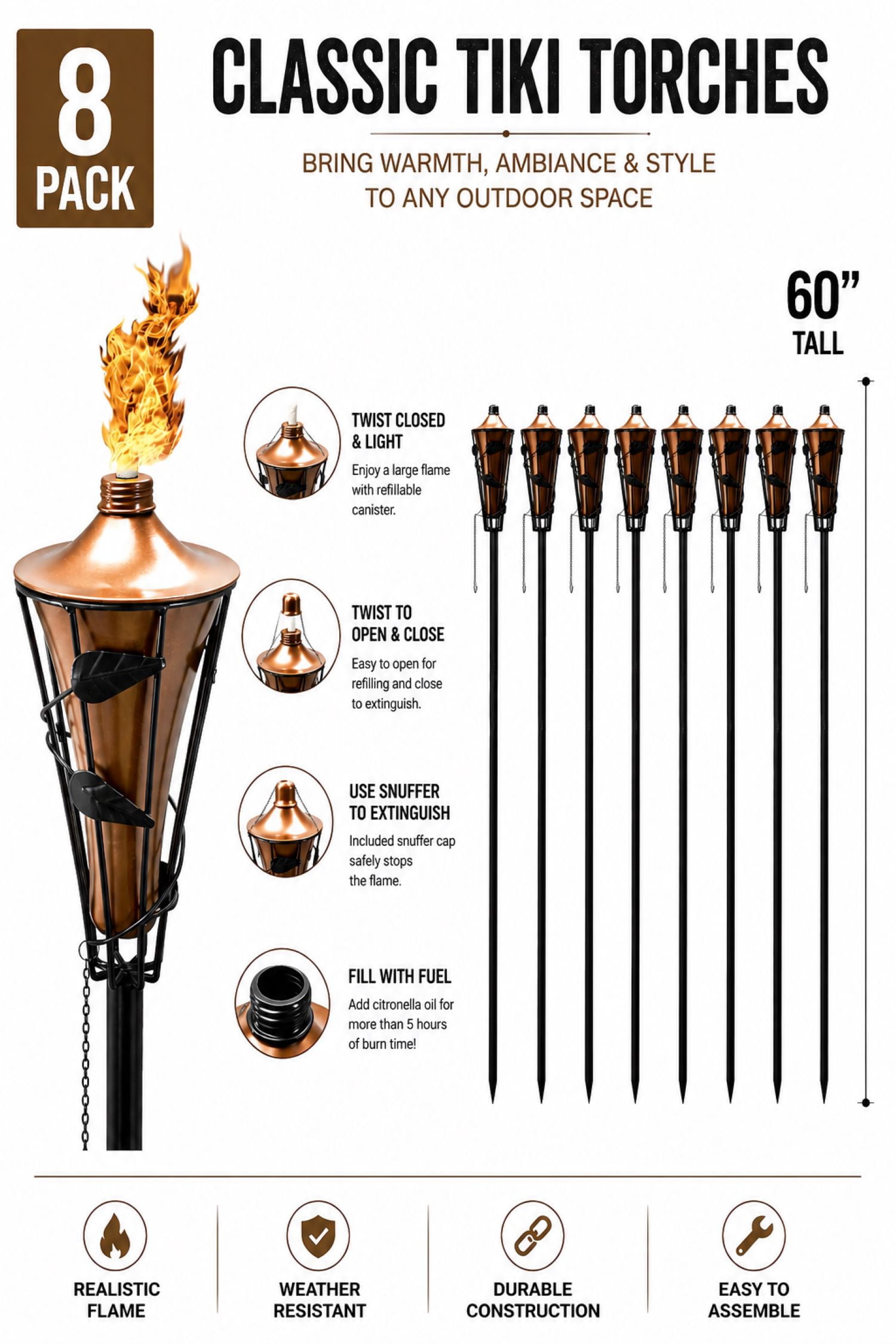 Matney Outdoor Metal Patio Torches with Fiberglass Wicks & Snuffer Caps, 8-Pack
