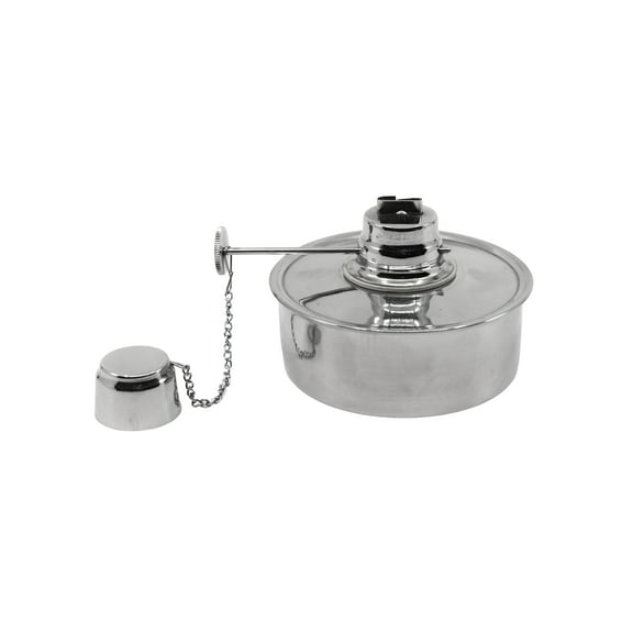 Spirit Lamp, 150mL Capacity - Stainless Steel - Includes Attached Extinguisher Cap & Ratcheted Wick - Eisco Labs