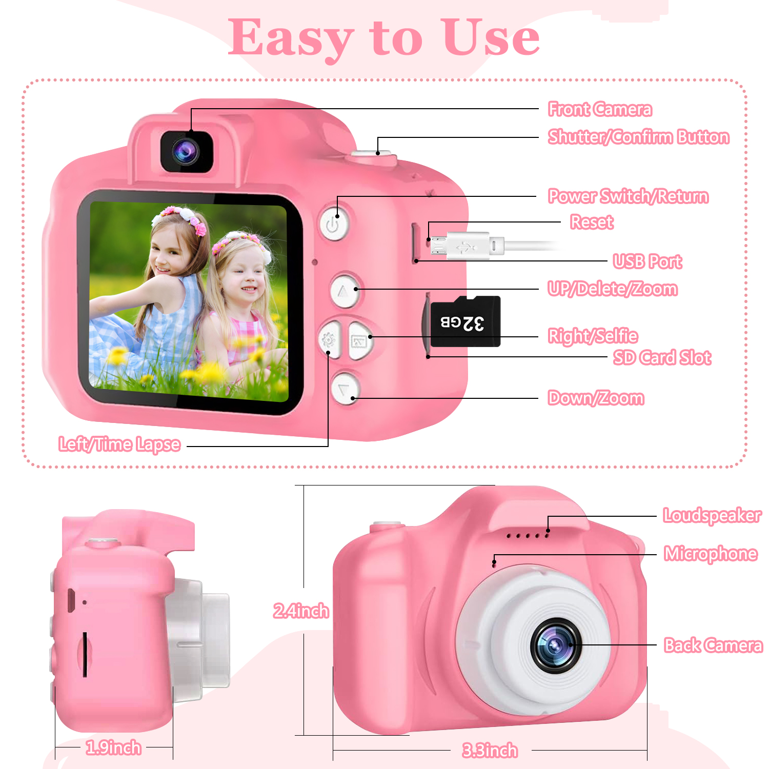 Rirool HD Kids Digital Camera for Girls, Pink photo 2