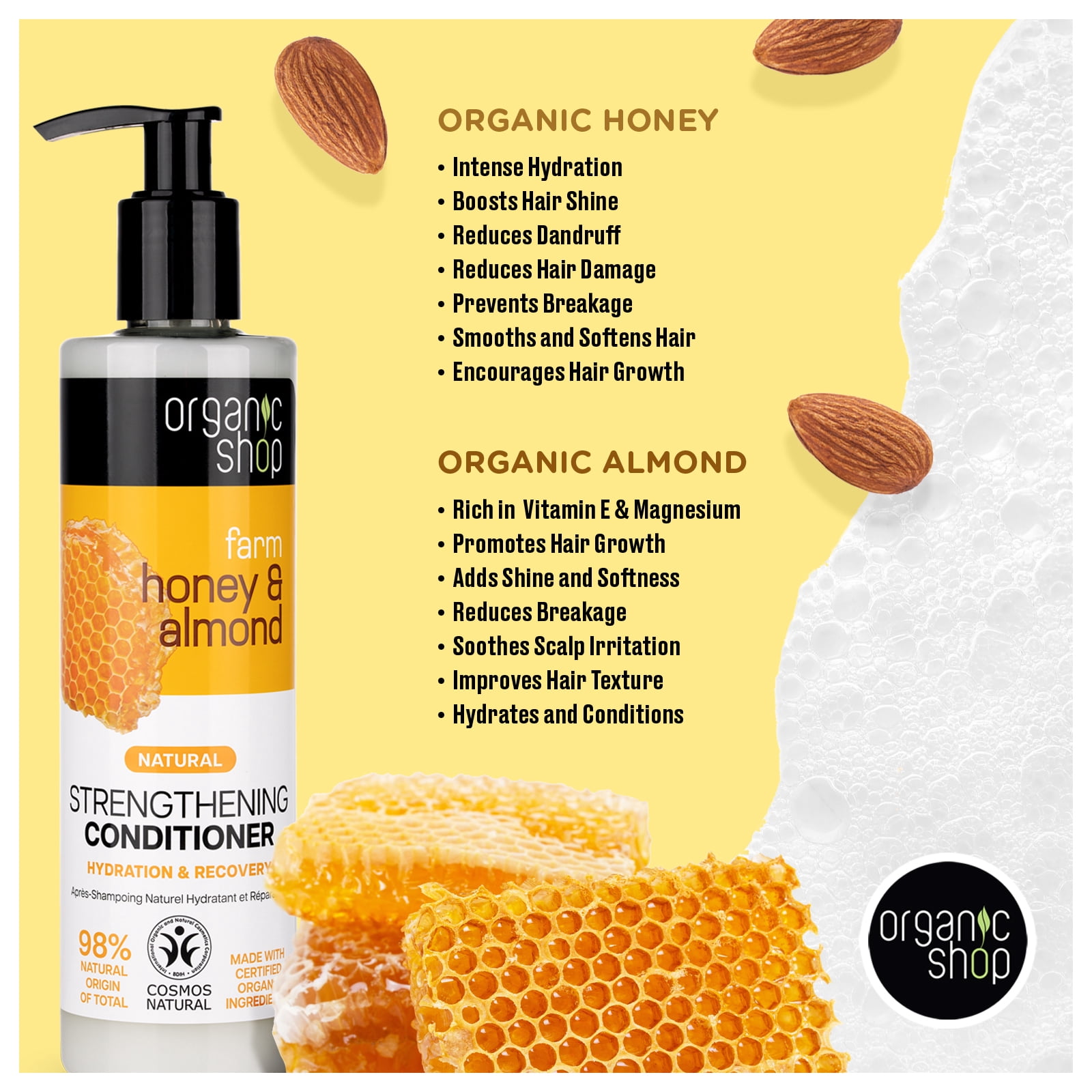 Organic Shop Raw Honey & Almond – High Strengthening Shampoo + Conditioner & Hair Mask Deep Repairing - 100% Vegan & Organic, Rich In Vitamins & Minerals, Silky Hydration & Nourishing. 9.5 Fl Oz