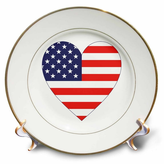 3dRose, Heart shape decorated with the American flag. Patriotic 4th of July, 8 inch Porcelain Plate