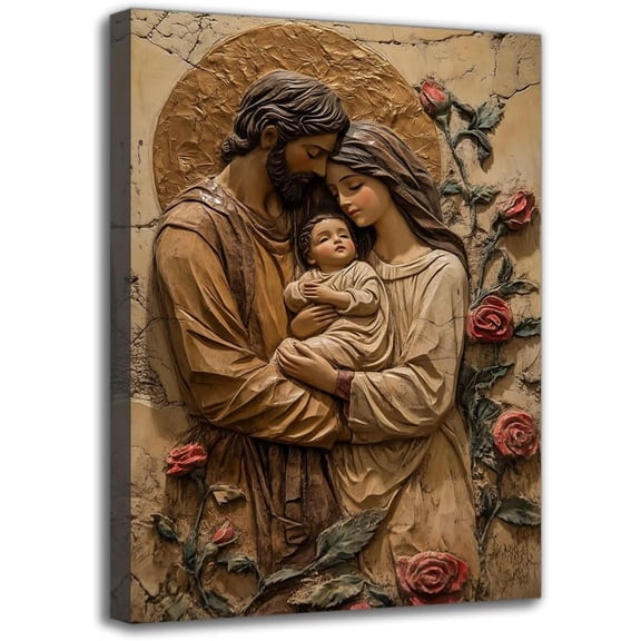 Religious Family Framed Wall Art Canvas Prints - 3D Embossed Holy Family Sculpture Painting, Religious Decorative Sign for Home Church Garden, Wall Decor For Living Room Bedroom Bathroom Mother's Day