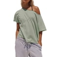 thumbnail image 3 of Czanzd Women's Oversized Off-Shoulder T-Shirt Loose Fit Casual Short Sleeve Top,Green,S, 3 of 6
