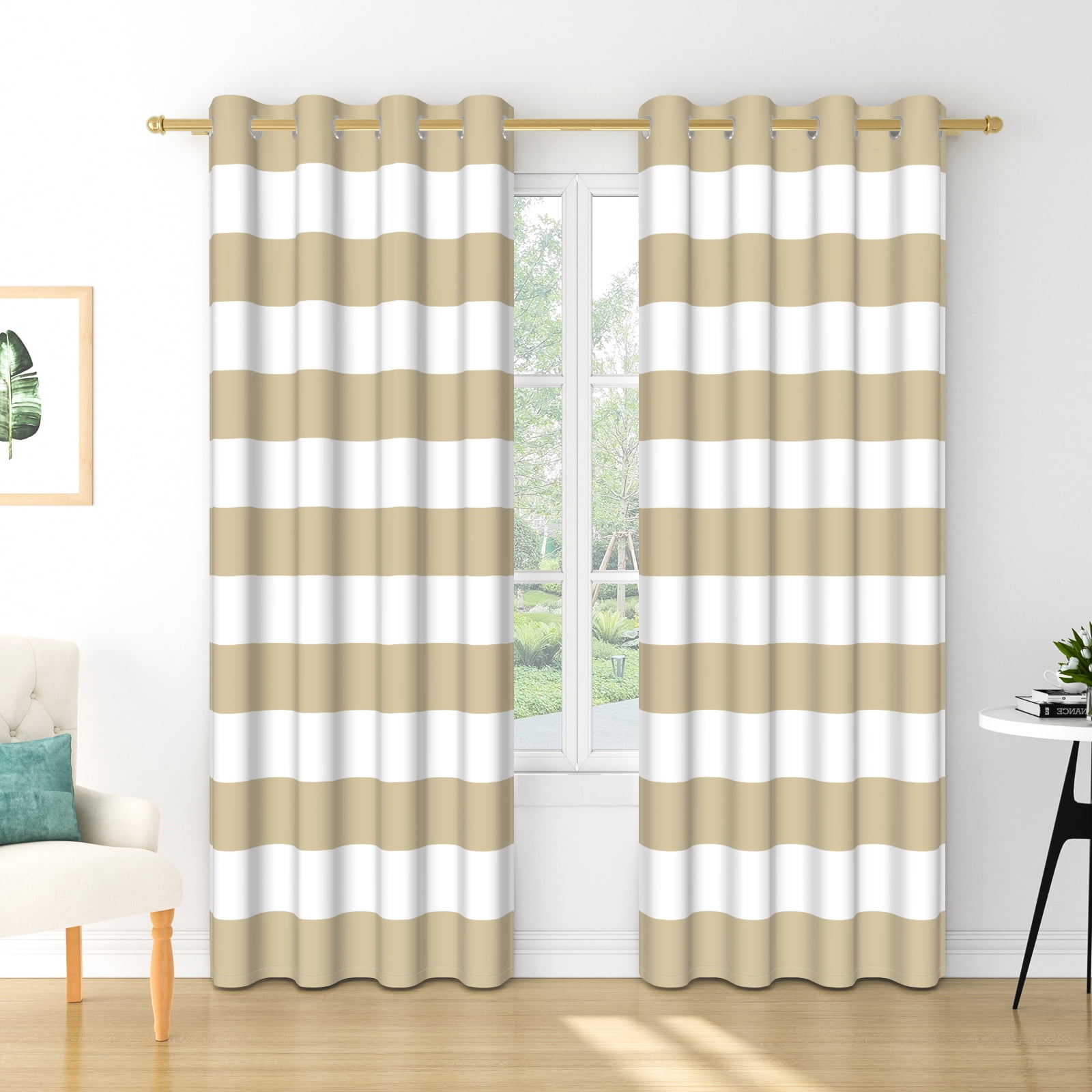 Nanqianyi Beige Striped Blackout Curtains, Classic Horizontal Stripe Grommet Drapes for Bedroom, Thermal Insulated Room Darkening Curtains 2 Panels Set 42x84 Inch