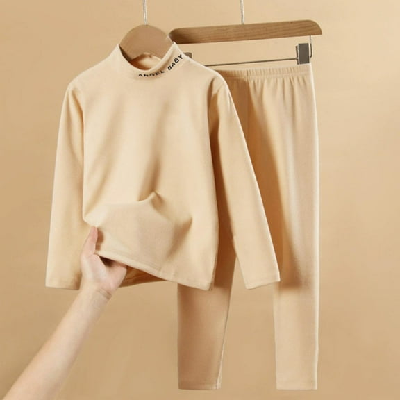 BRGZLK Kids Fall Winter Thermal Underwear Set Boys Girls Trendy Letter Print Turtle Neck Double-Sided German velour Soft Comfortable Base Layer Clothes and Pants Beige 2-3 Years