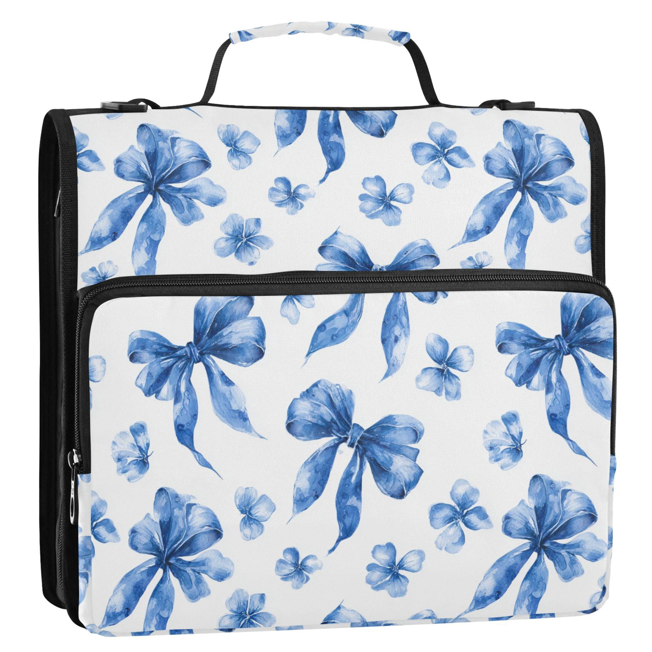 Zipper Binder Blue Bows and Floral 1.5 Inch Binder Folder Bag with Shoulder Strap and Handle