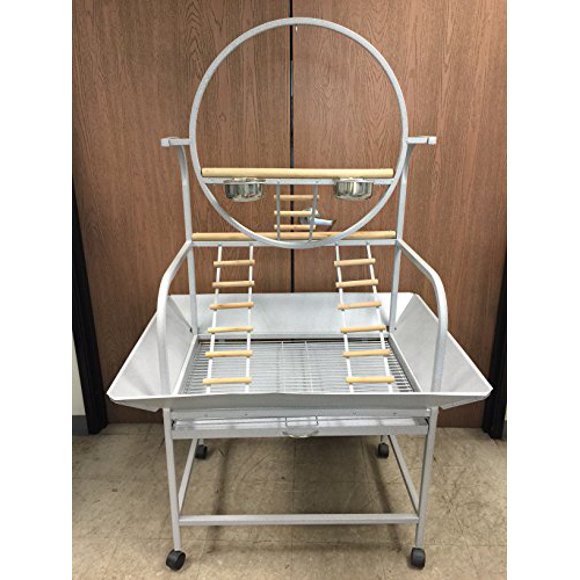 Extra Large O Wrought Iron Parrot cockatoos Macaws Play gym ground Seed Skirts Stand (White Vein)