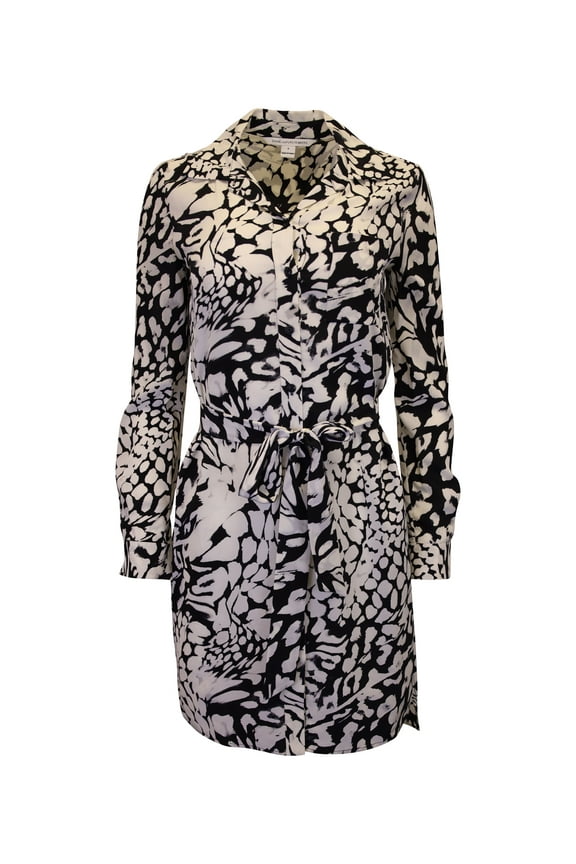 Pre-Owned Diane Von Furstenberg Prita Printed Shirt Dress in White Silk