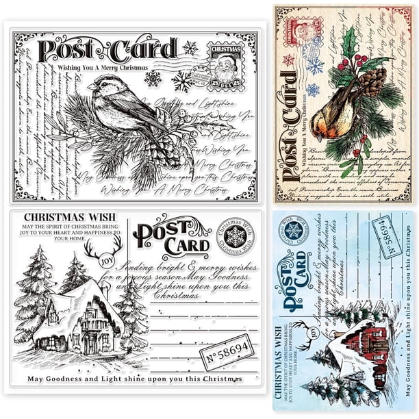 Sellos transparentes de silicona para postales navideñas con fondo de texto retro y diseño de pájaro en relieve.